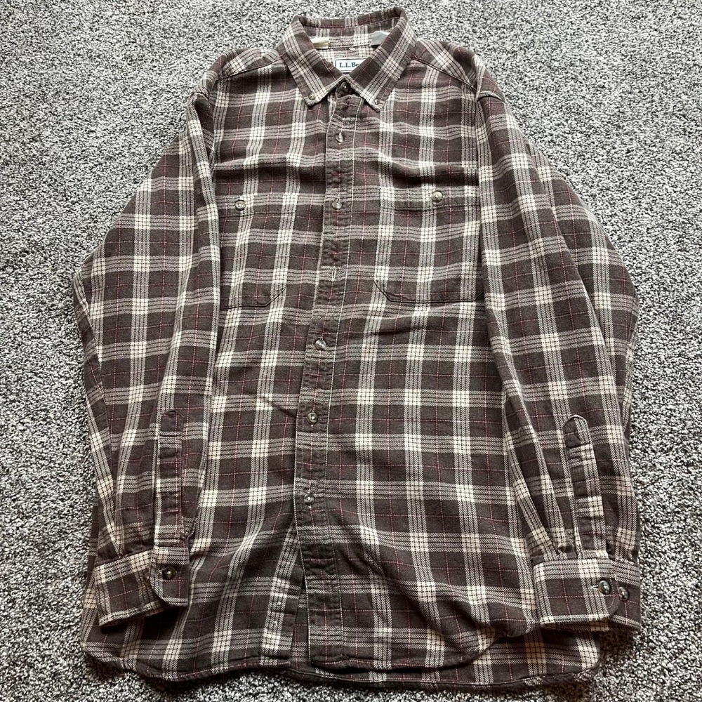vintage L.L. Bean Flannel Shirt Mens Large Brown Plaid Cotton Button Down 80s